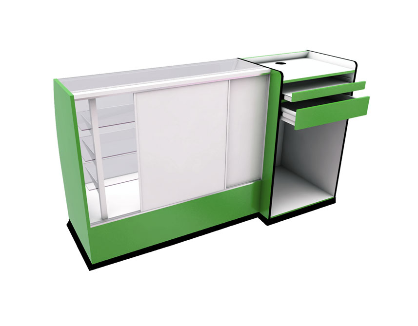 VITRINA CURVA CON PUNTO DE VENTA 3 ENTREPAÑOS DE CRISTAL FDM337