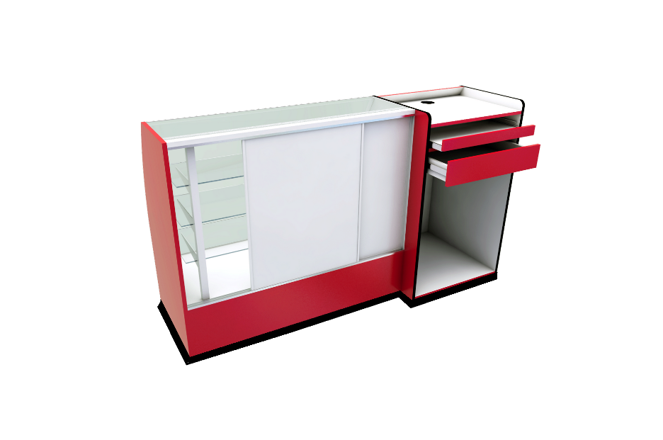 VITRINA CURVA CON PUNTO DE VENTA 3 ENTREPAÑOS DE CRISTAL EN CASCADA FDM452