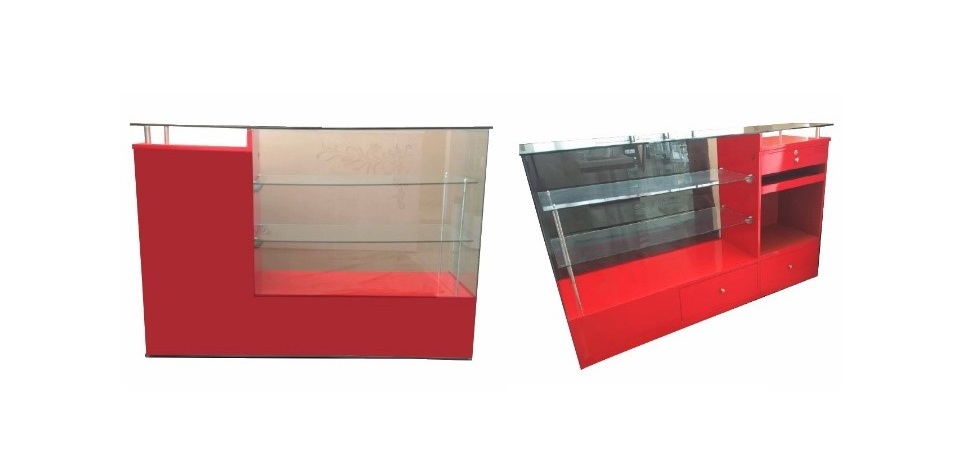 MOSTRADOR ROJO CON VITRINA FABRICADO EN MDF CON FORMAICA EN VISTAS FDM477