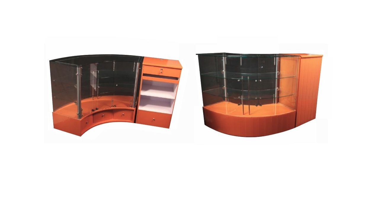 MOSTRADOR CURVO CON CAJONERA CON CRISTAL FABRICADO EN MDF CON FORMAICA EN VISTAS FDM479
